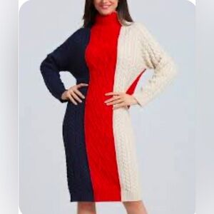 Simply Couture Navy, Red, and Cream Cable Knit Dress